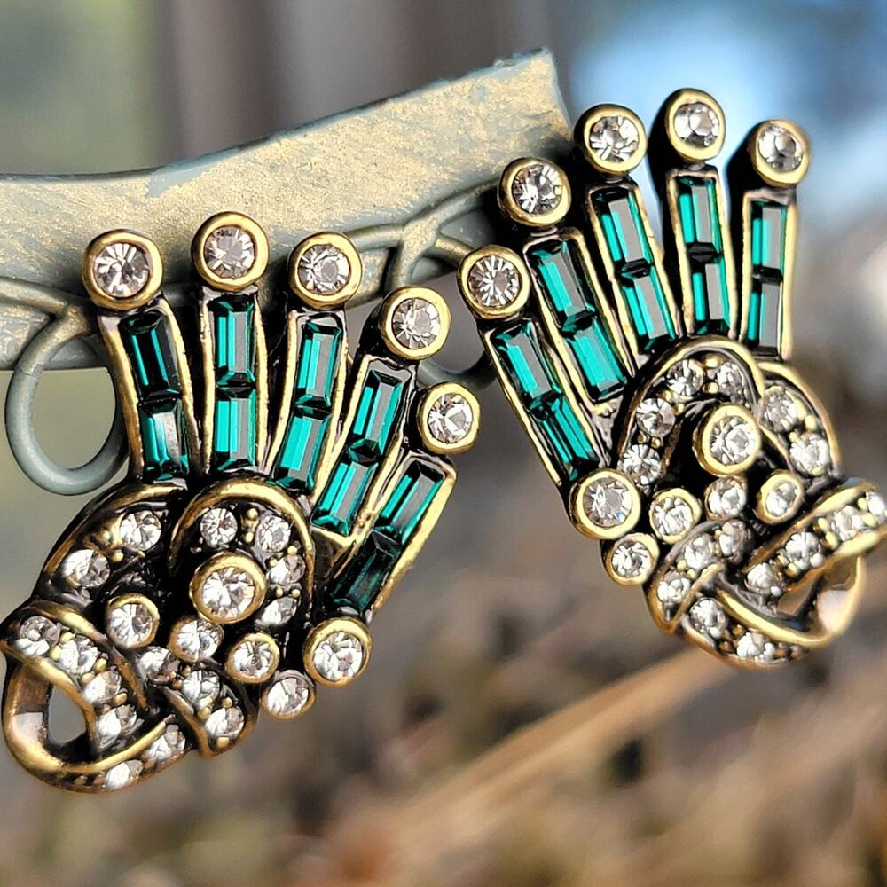 Heidi Daus® "Crystal Hue Persuasion" vintage earrings, emerald fan clip-ons